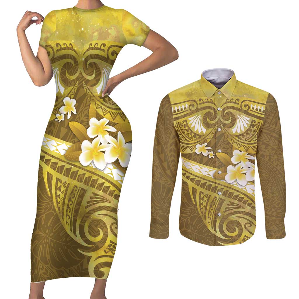Gold Polynesia Couples Matching Short Sleeve Bodycon Dress and Long Sleeve Button Shirt Tribal Pattern Tropical Frangipani