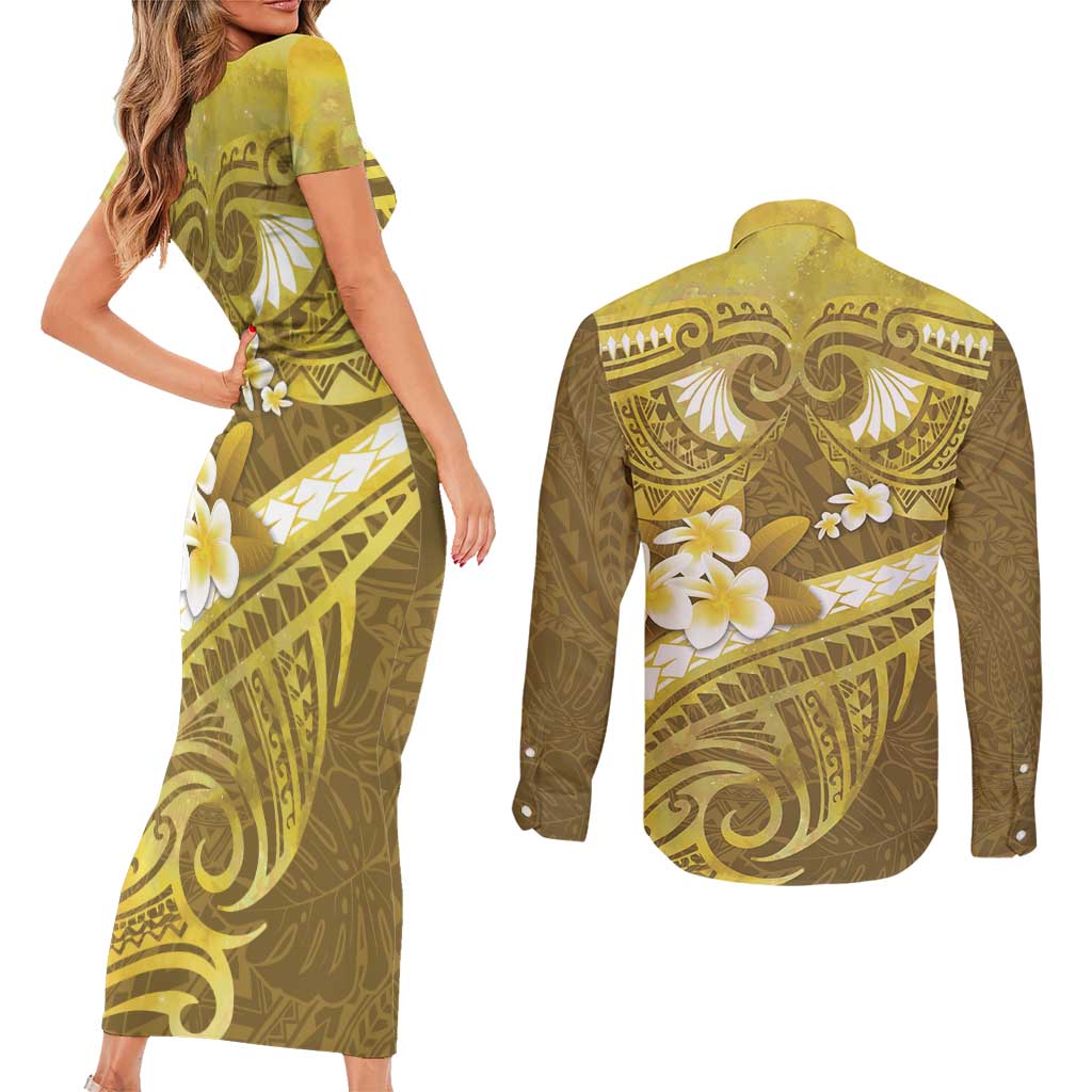 Gold Polynesia Couples Matching Short Sleeve Bodycon Dress and Long Sleeve Button Shirt Tribal Pattern Tropical Frangipani