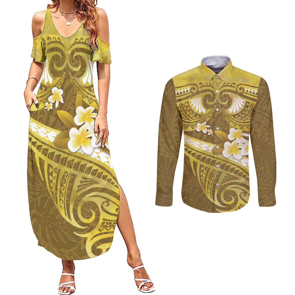Gold Polynesia Couples Matching Summer Maxi Dress and Long Sleeve Button Shirt Tribal Pattern Tropical Frangipani