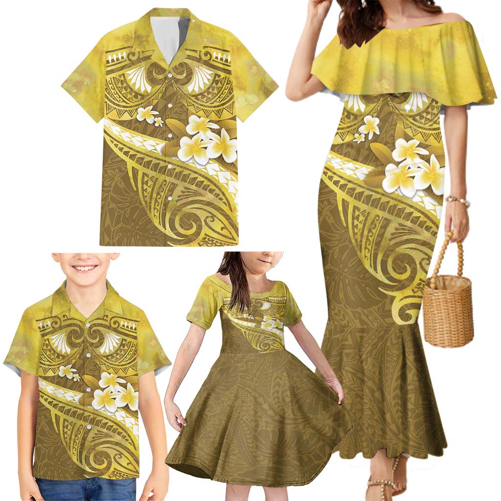 Gold Polynesia Family Matching Mermaid Dress and Hawaiian Shirt Tribal Pattern Tropical Frangipani