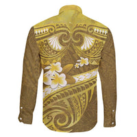 Gold Polynesia Family Matching Short Sleeve Bodycon Dress and Hawaiian Shirt Tribal Pattern Tropical Frangipani