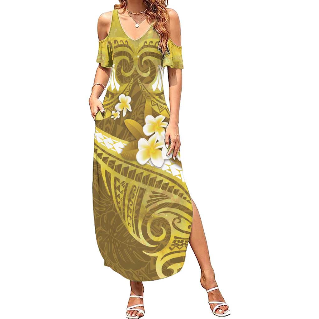 Gold Polynesia Family Matching Summer Maxi Dress and Hawaiian Shirt Tribal Pattern Tropical Frangipani