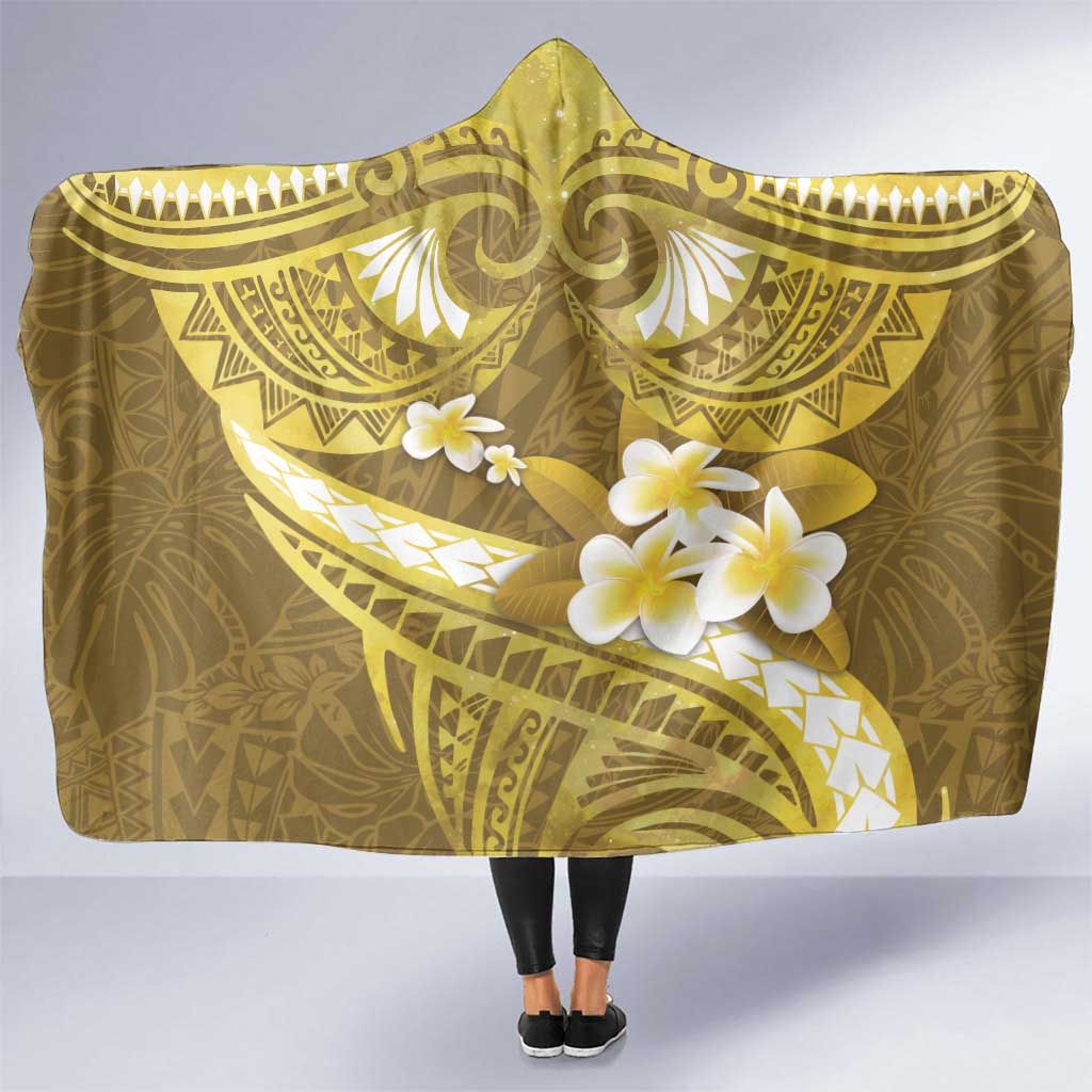 Gold Polynesia Hooded Blanket Tribal Pattern Tropical Frangipani