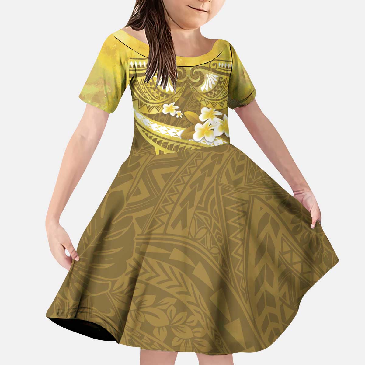 Gold Polynesia Kid Short Sleeve Dress Tribal Pattern Tropical Frangipani