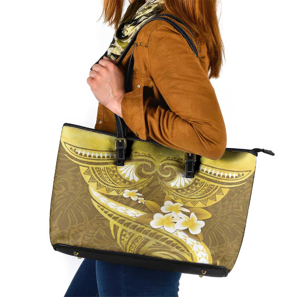 Gold Polynesia Leather Tote Bag Tribal Pattern Tropical Frangipani