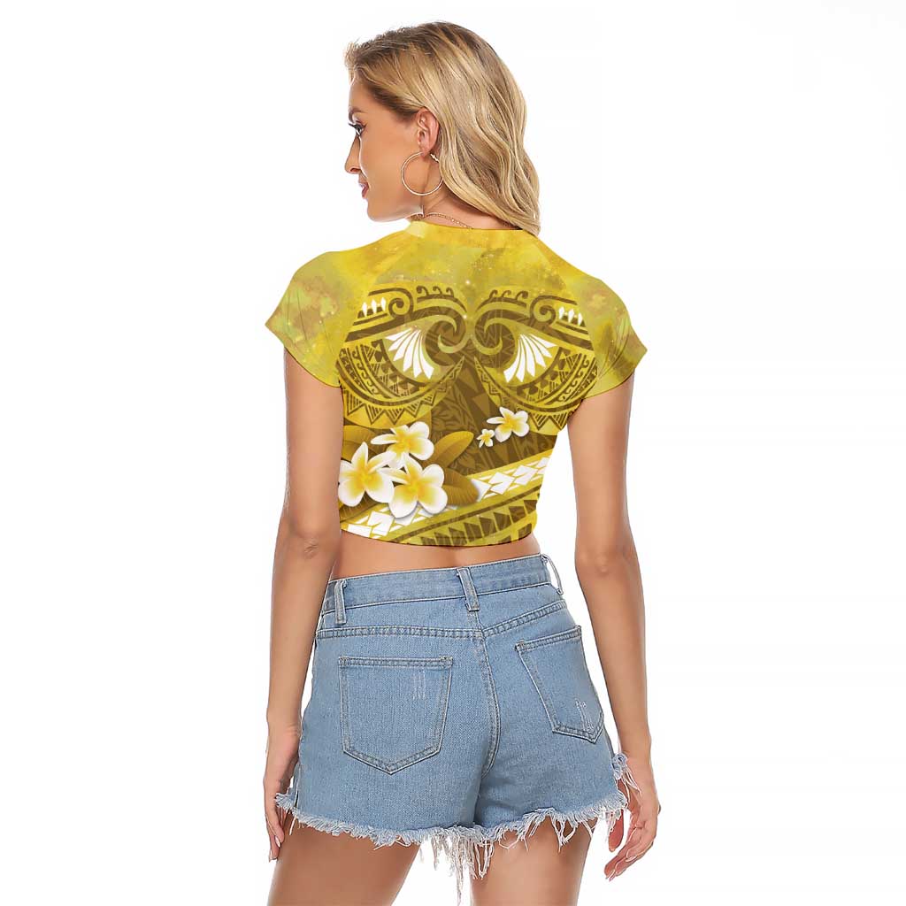 Gold Polynesia Raglan Cropped T Shirt Tribal Pattern Tropical Frangipani
