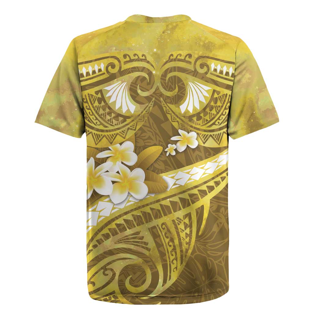 Gold Polynesia Rugby Jersey Tribal Pattern Tropical Frangipani