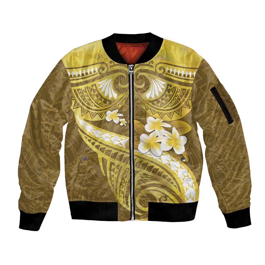 Gold Polynesia Sleeve Zip Bomber Jacket Tribal Pattern Tropical Frangipani LT14 Unisex Gold - Polynesian Pride