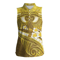 Gold Polynesia Women Sleeveless Polo Shirt Tribal Pattern Tropical Frangipani