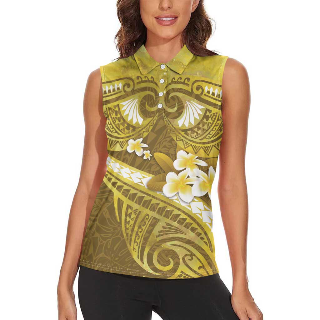 Gold Polynesia Women Sleeveless Polo Shirt Tribal Pattern Tropical Frangipani