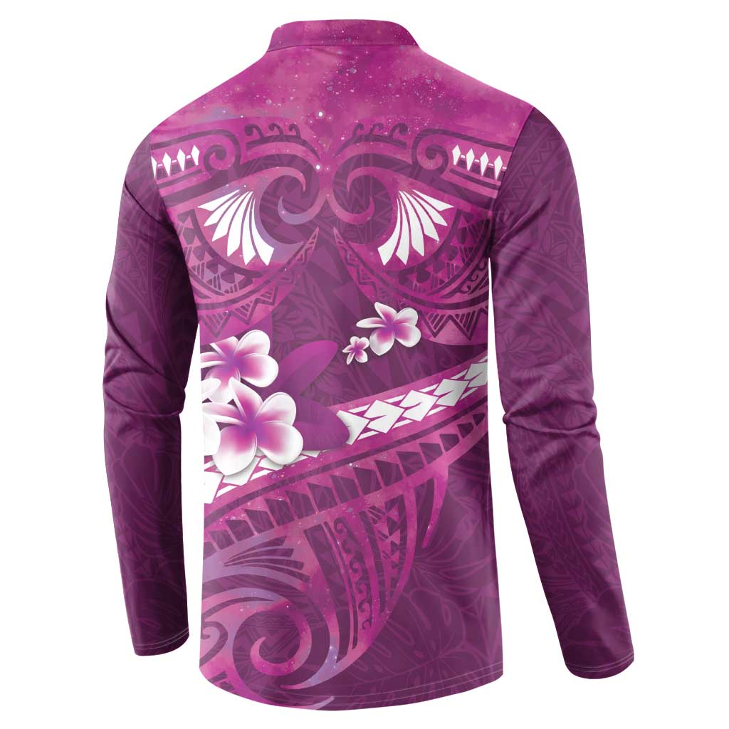 Pink Polynesia Button Sweatshirt Tribal Pattern Tropical Frangipani