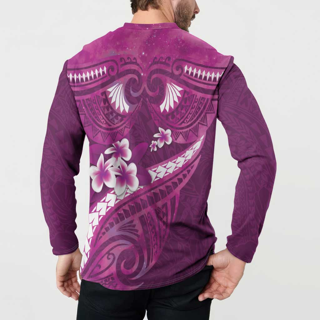 Pink Polynesia Button Sweatshirt Tribal Pattern Tropical Frangipani