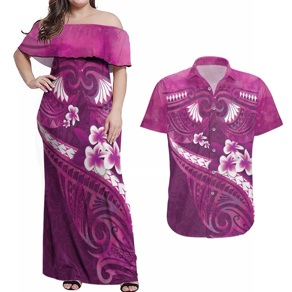 Pink Polynesia Couples Matching Off Shoulder Maxi Dress and Hawaiian Shirt Tribal Pattern Tropical Frangipani