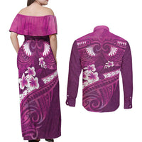 Pink Polynesia Couples Matching Off Shoulder Maxi Dress and Long Sleeve Button Shirt Tribal Pattern Tropical Frangipani