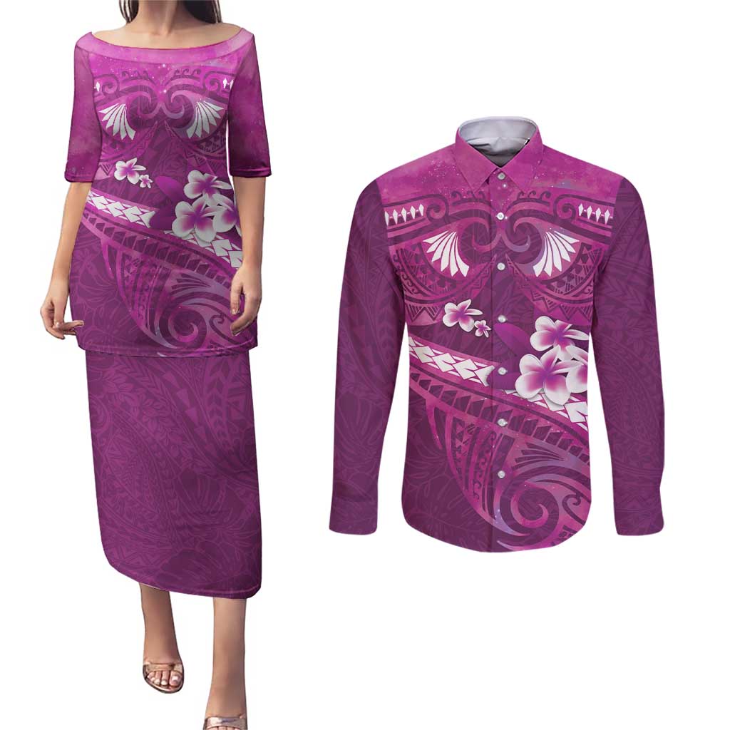 Pink Polynesia Couples Matching Puletasi and Long Sleeve Button Shirt Tribal Pattern Tropical Frangipani