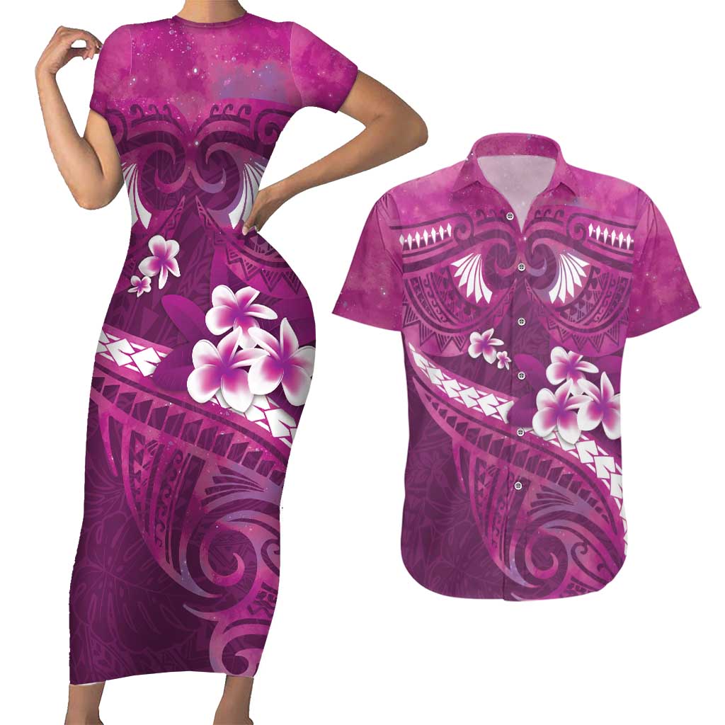 Pink Polynesia Couples Matching Short Sleeve Bodycon Dress and Hawaiian Shirt Tribal Pattern Tropical Frangipani