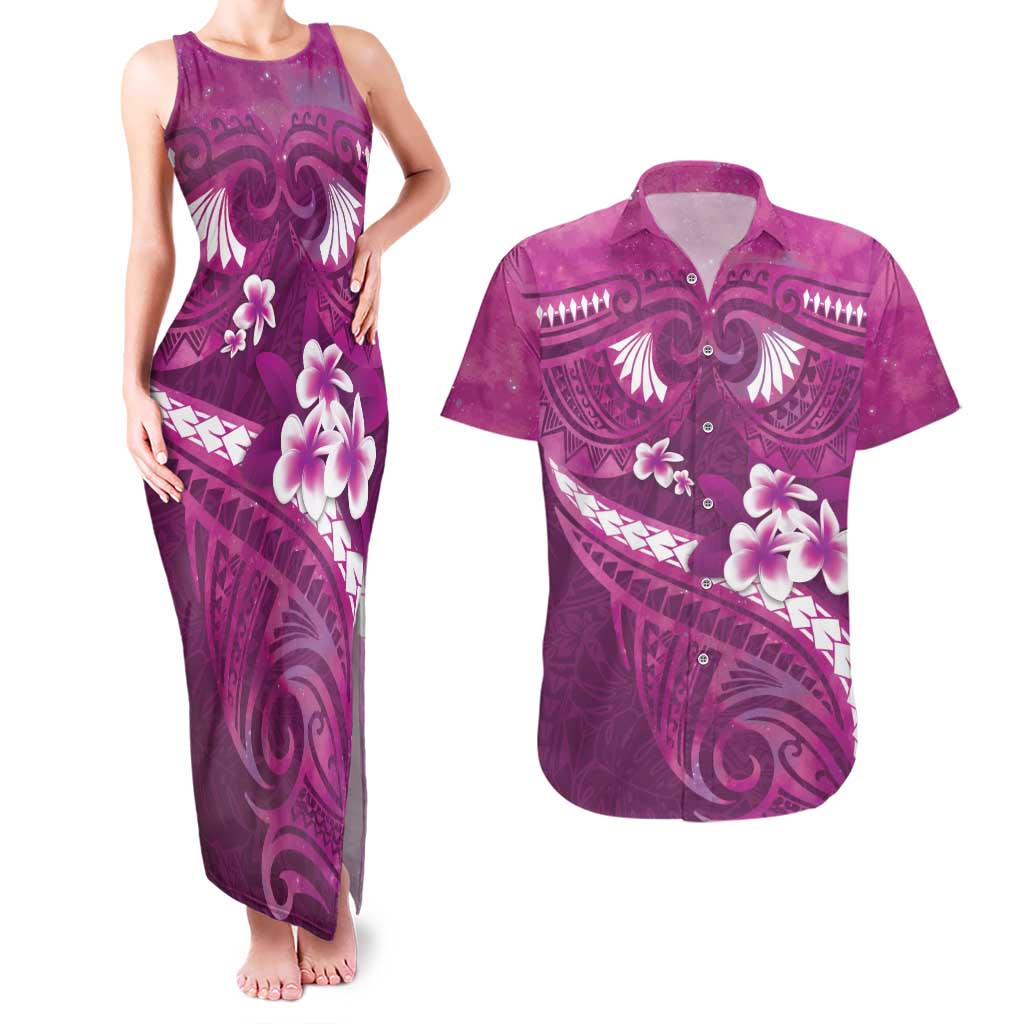 Pink Polynesia Couples Matching Tank Maxi Dress and Hawaiian Shirt Tribal Pattern Tropical Frangipani