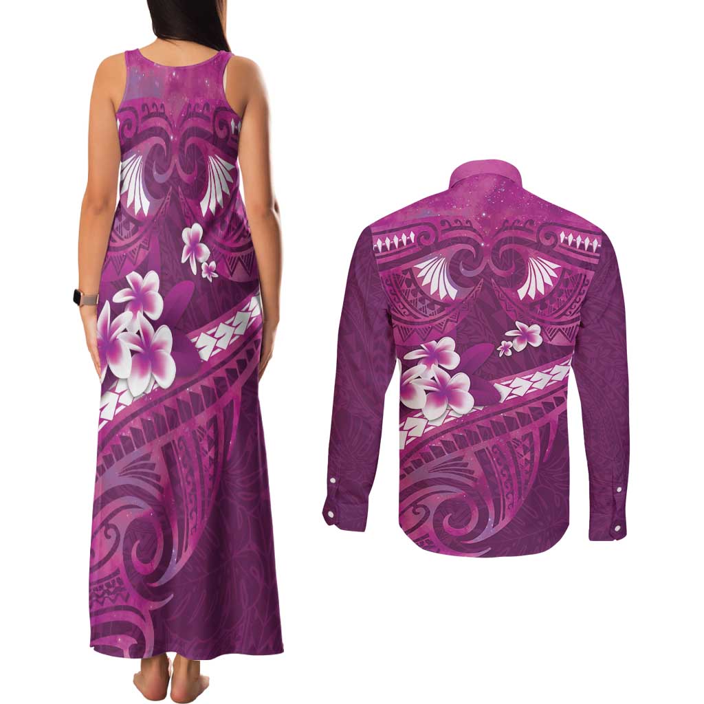 Pink Polynesia Couples Matching Tank Maxi Dress and Long Sleeve Button Shirt Tribal Pattern Tropical Frangipani