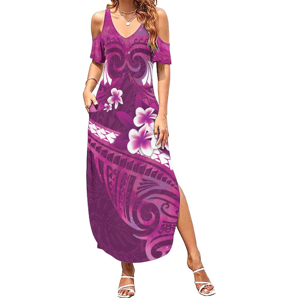 Pink Polynesia Family Matching Summer Maxi Dress and Hawaiian Shirt Tribal Pattern Tropical Frangipani LT14 Mom's Dress Pink - Polynesian Pride