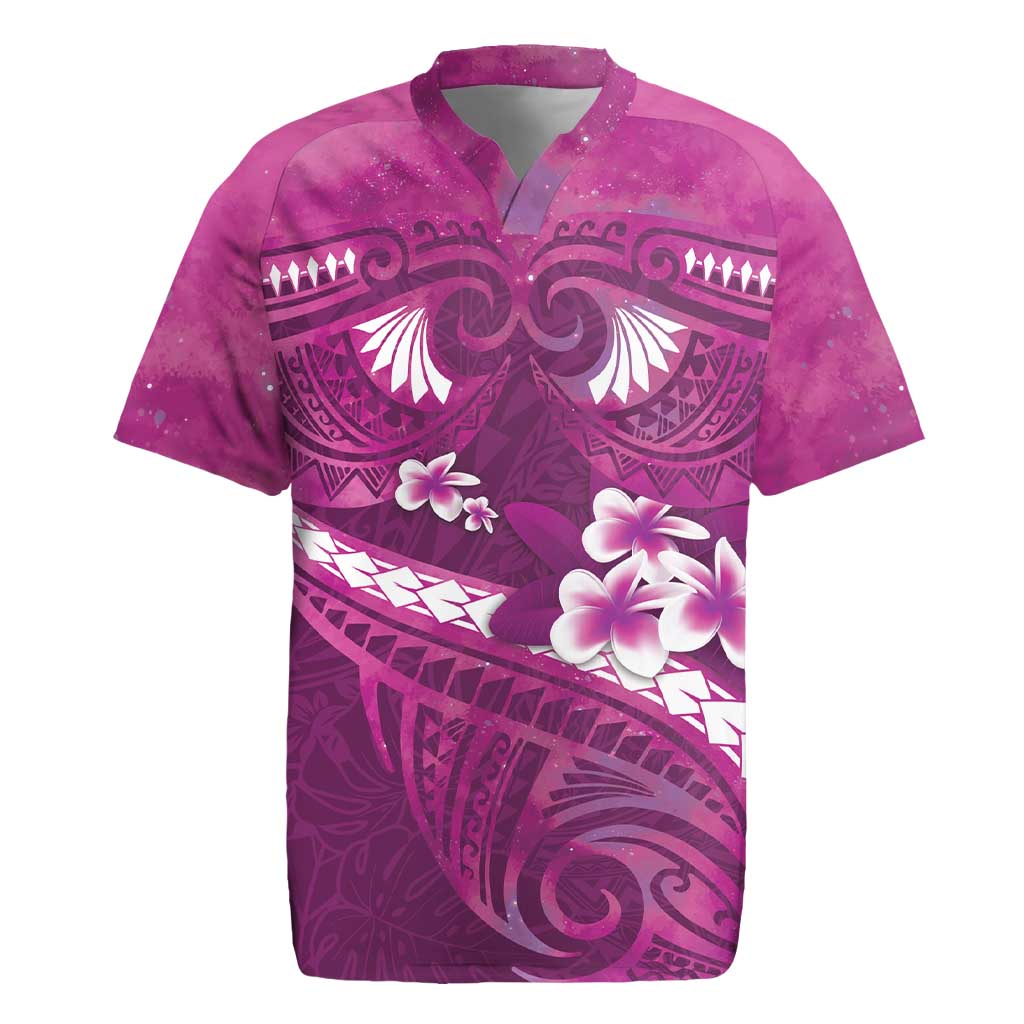 Pink Polynesia Rugby Jersey Tribal Pattern Tropical Frangipani