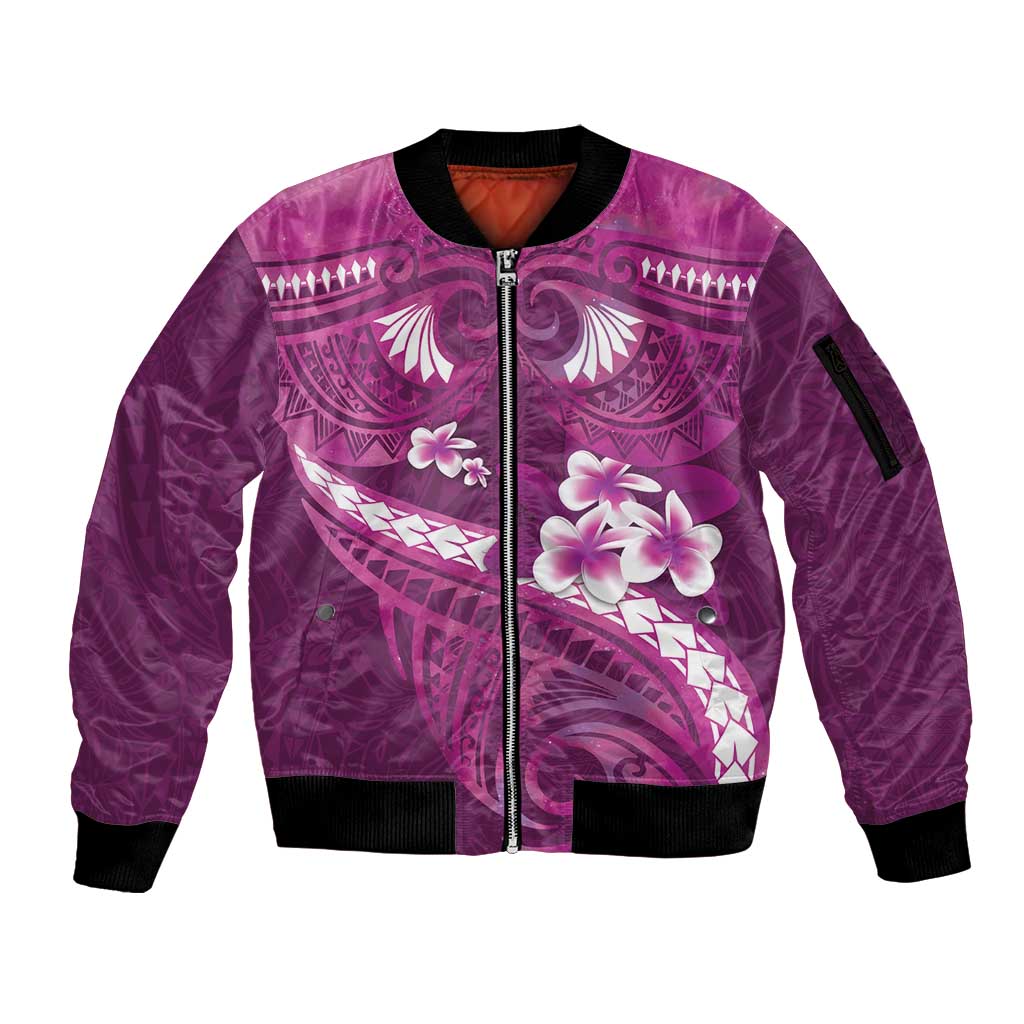 Pink Polynesia Sleeve Zip Bomber Jacket Tribal Pattern Tropical Frangipani LT14 Unisex Pink - Polynesian Pride