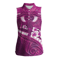 Pink Polynesia Women Sleeveless Polo Shirt Tribal Pattern Tropical Frangipani