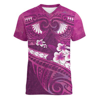 Pink Polynesia Women V-Neck T-Shirt Tribal Pattern Tropical Frangipani