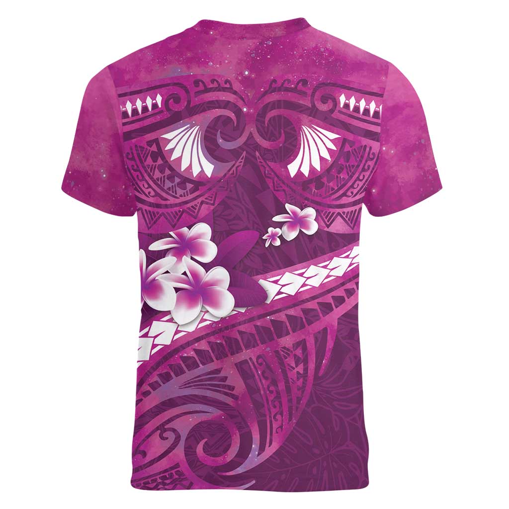 Pink Polynesia Women V-Neck T-Shirt Tribal Pattern Tropical Frangipani