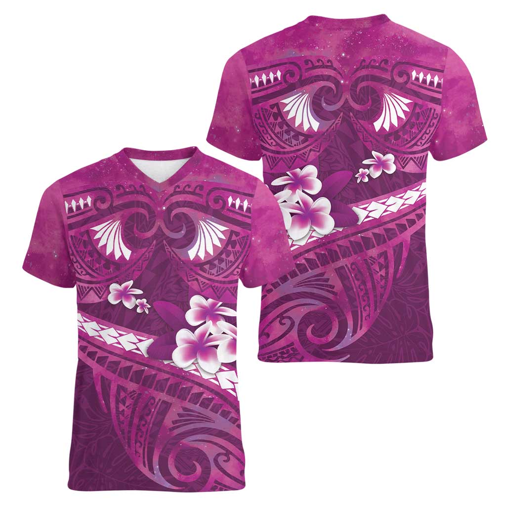 Pink Polynesia Women V-Neck T-Shirt Tribal Pattern Tropical Frangipani