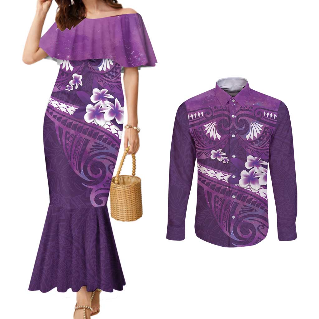 Purple Polynesia Couples Matching Mermaid Dress and Long Sleeve Button Shirt Tribal Pattern Tropical Frangipani