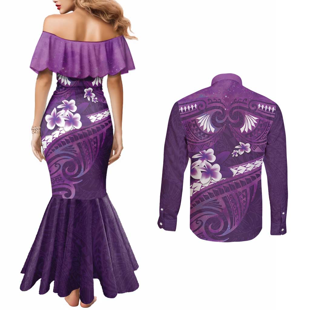 Purple Polynesia Couples Matching Mermaid Dress and Long Sleeve Button Shirt Tribal Pattern Tropical Frangipani