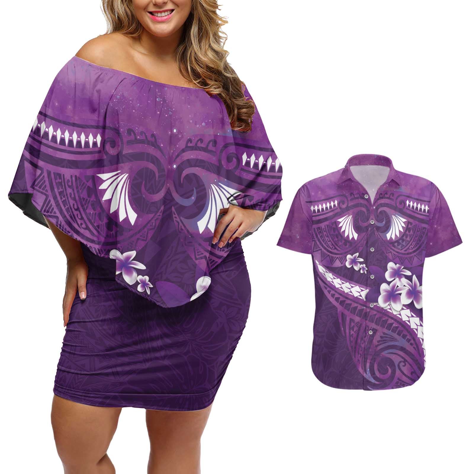 Purple Polynesia Couples Matching Off Shoulder Short Dress and Hawaiian Shirt Tribal Pattern Tropical Frangipani