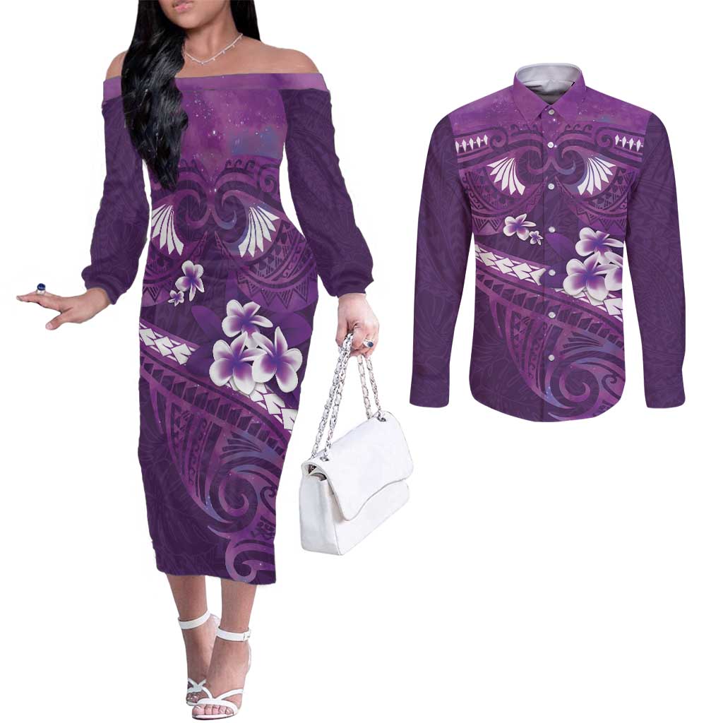 Purple Polynesia Couples Matching Off The Shoulder Long Sleeve Dress and Long Sleeve Button Shirt Tribal Pattern Tropical Frangipani