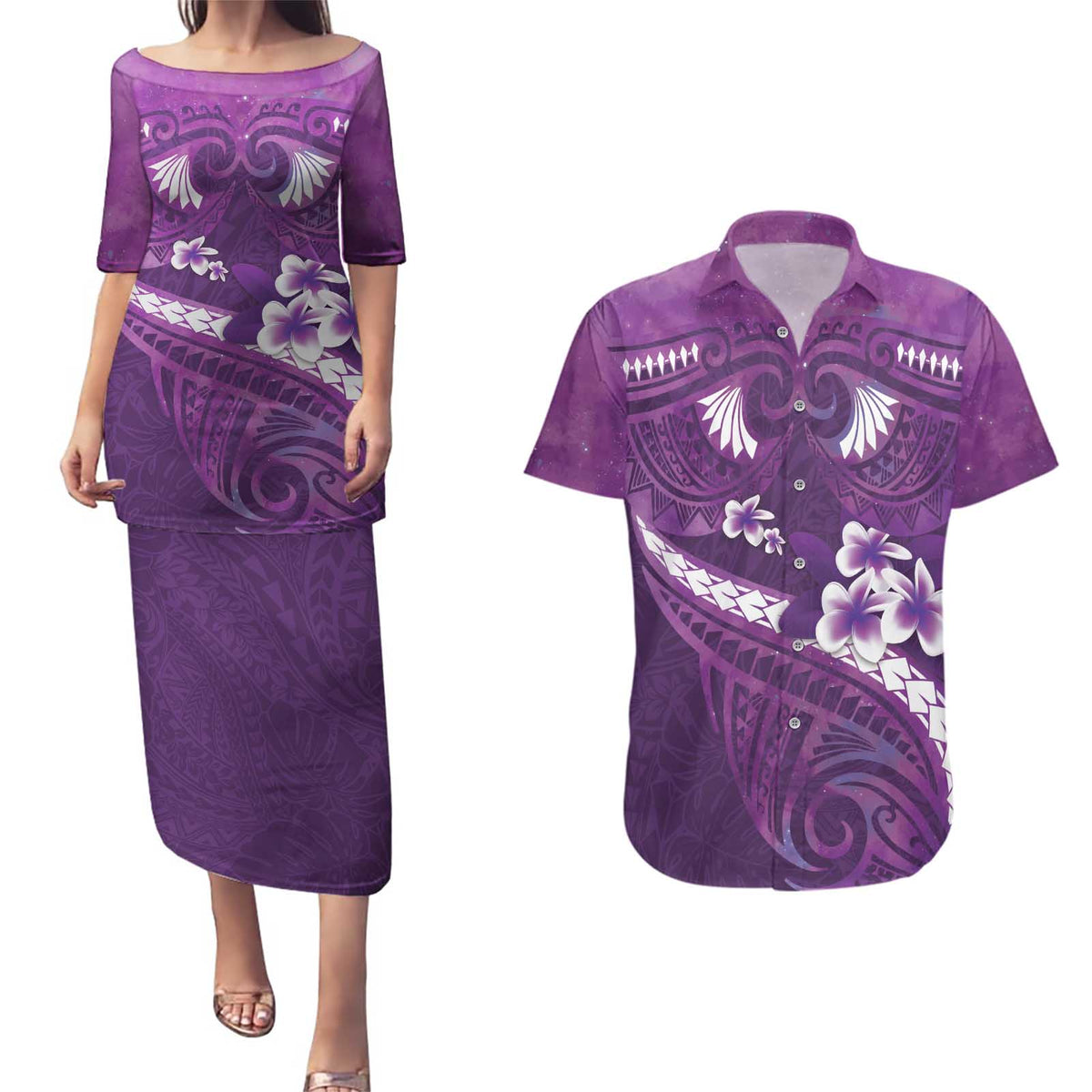 Purple Polynesia Couples Matching Puletasi and Hawaiian Shirt Tribal Pattern Tropical Frangipani