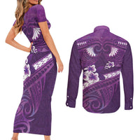 Purple Polynesia Couples Matching Short Sleeve Bodycon Dress and Long Sleeve Button Shirt Tribal Pattern Tropical Frangipani
