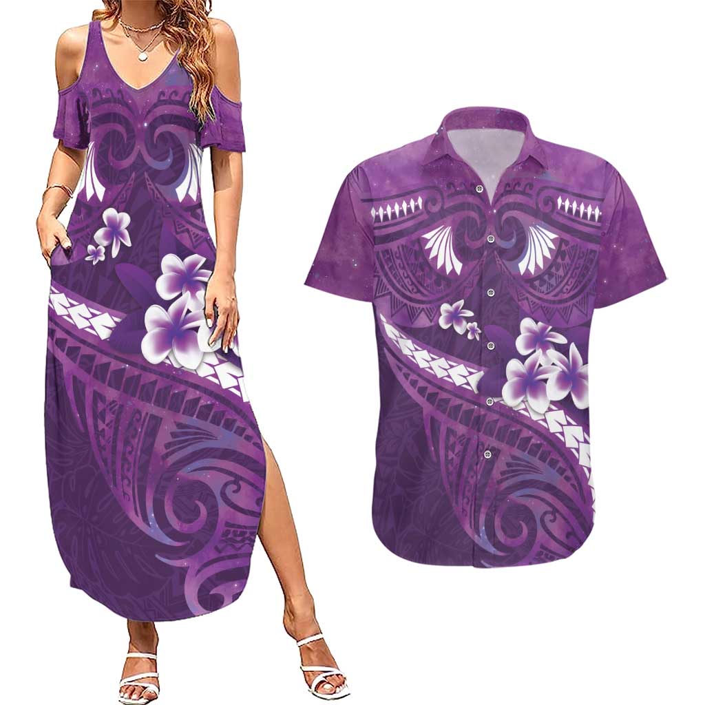 Purple Polynesia Couples Matching Summer Maxi Dress and Hawaiian Shirt Tribal Pattern Tropical Frangipani