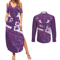 Purple Polynesia Couples Matching Summer Maxi Dress and Long Sleeve Button Shirt Tribal Pattern Tropical Frangipani