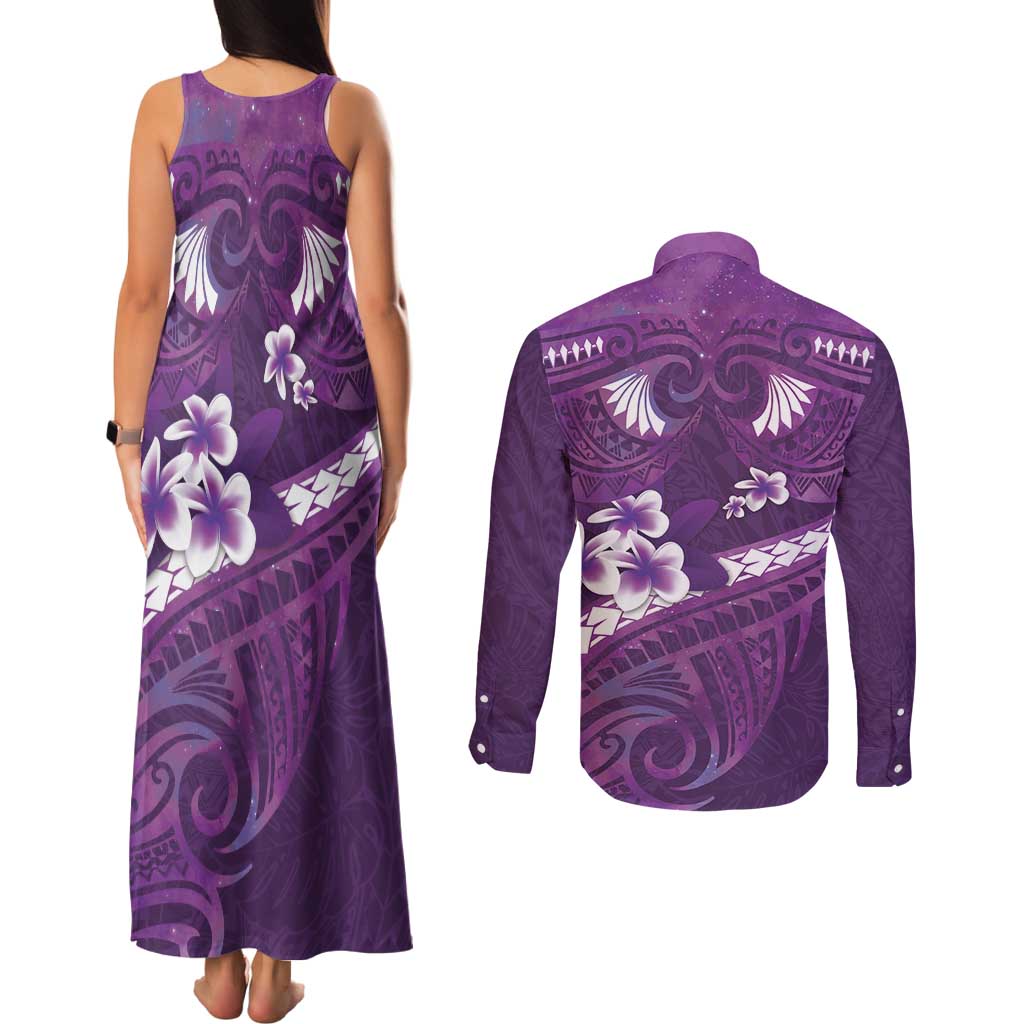 Purple Polynesia Couples Matching Tank Maxi Dress and Long Sleeve Button Shirt Tribal Pattern Tropical Frangipani