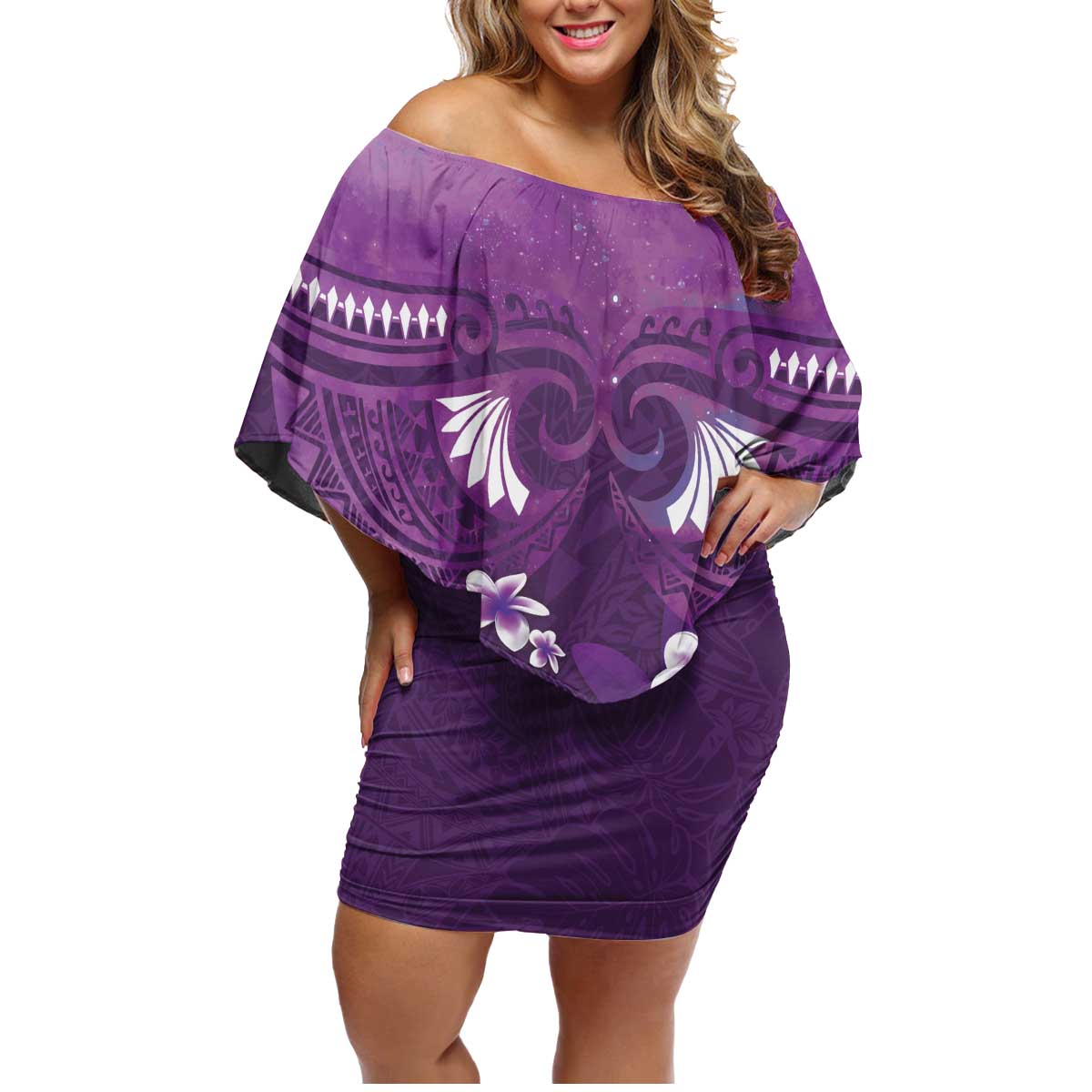 Purple Polynesia Family Matching Off Shoulder Short Dress and Hawaiian Shirt Tribal Pattern Tropical Frangipani