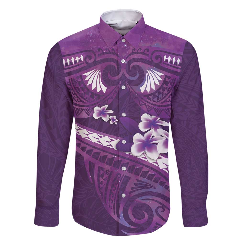 Purple Polynesia Family Matching Short Sleeve Bodycon Dress and Hawaiian Shirt Tribal Pattern Tropical Frangipani