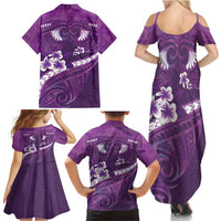 Purple Polynesia Family Matching Summer Maxi Dress and Hawaiian Shirt Tribal Pattern Tropical Frangipani