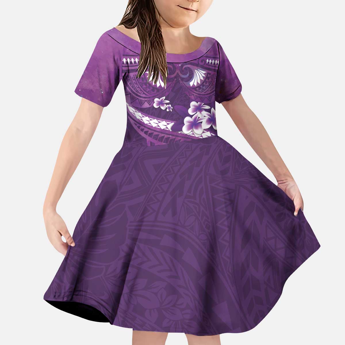 Purple Polynesia Kid Short Sleeve Dress Tribal Pattern Tropical Frangipani
