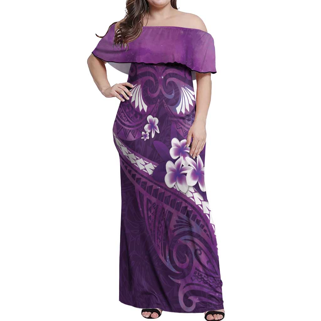 Purple Polynesia Off Shoulder Maxi Dress Tribal Pattern Tropical Frangipani