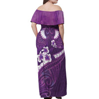 Purple Polynesia Off Shoulder Maxi Dress Tribal Pattern Tropical Frangipani
