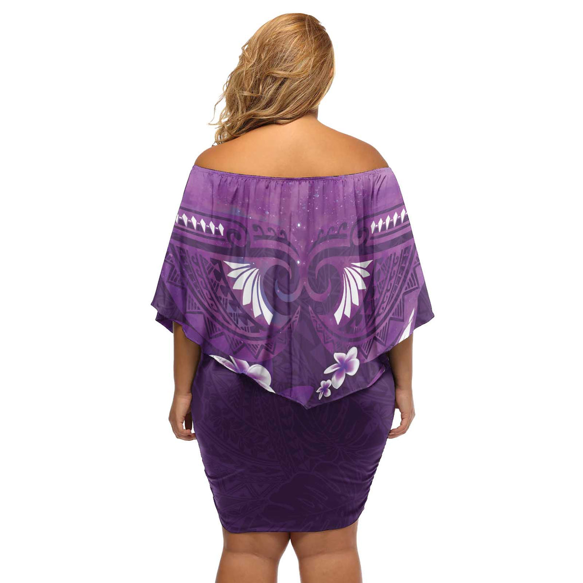 Purple Polynesia Off Shoulder Short Dress Tribal Pattern Tropical Frangipani