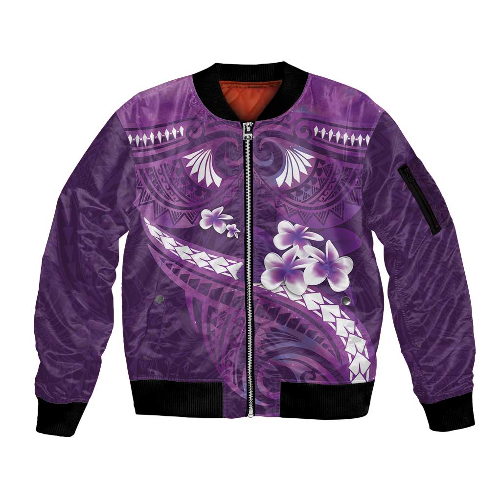 Purple Polynesia Sleeve Zip Bomber Jacket Tribal Pattern Tropical Frangipani LT14 Unisex Purple - Polynesian Pride
