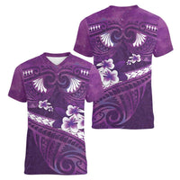 Purple Polynesia Women V-Neck T-Shirt Tribal Pattern Tropical Frangipani