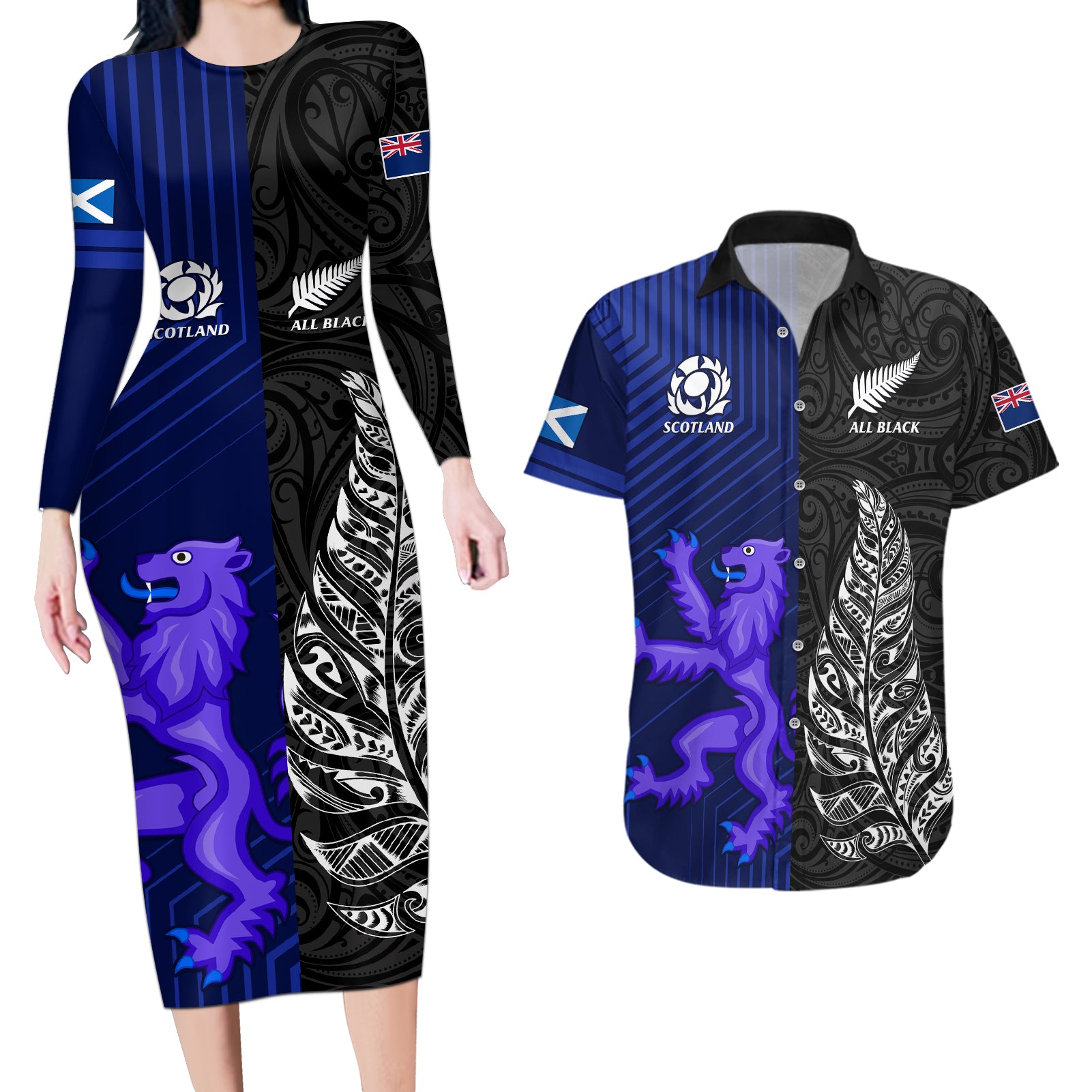 New Zealand and Scotland Rugby Couples Matching Long Sleeve Bodycon Dress and Hawaiian Shirt All Black Maori With Thistle Together LT14 Black - Polynesian Pride