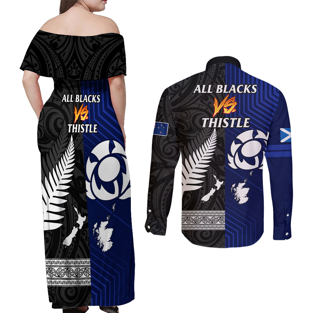 New Zealand and Scotland Rugby Couples Matching Off Shoulder Maxi Dress and Long Sleeve Button Shirts All Black Maori With Thistle Together LT14 - Polynesian Pride