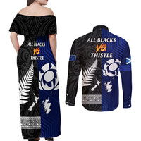New Zealand and Scotland Rugby Couples Matching Off Shoulder Maxi Dress and Long Sleeve Button Shirts All Black Maori With Thistle Together LT14 - Polynesian Pride